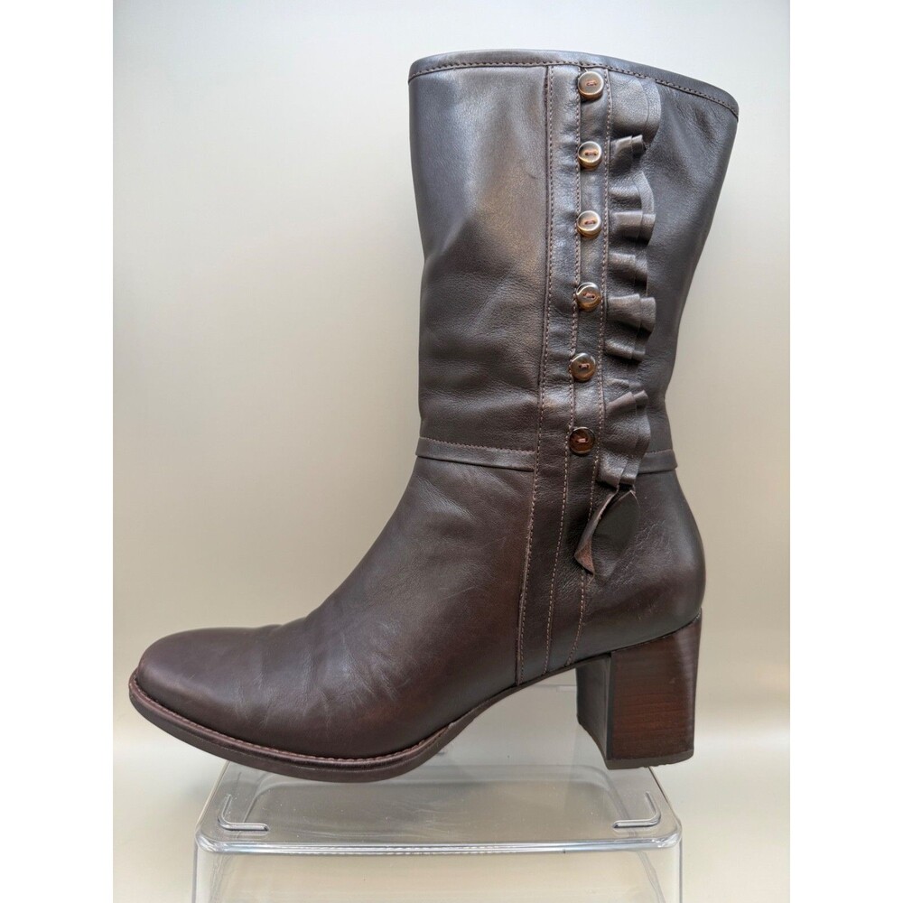 Clarks Artisan Womens Brown Leather Mid Calf Ruffle Button Vintage Boot 7M